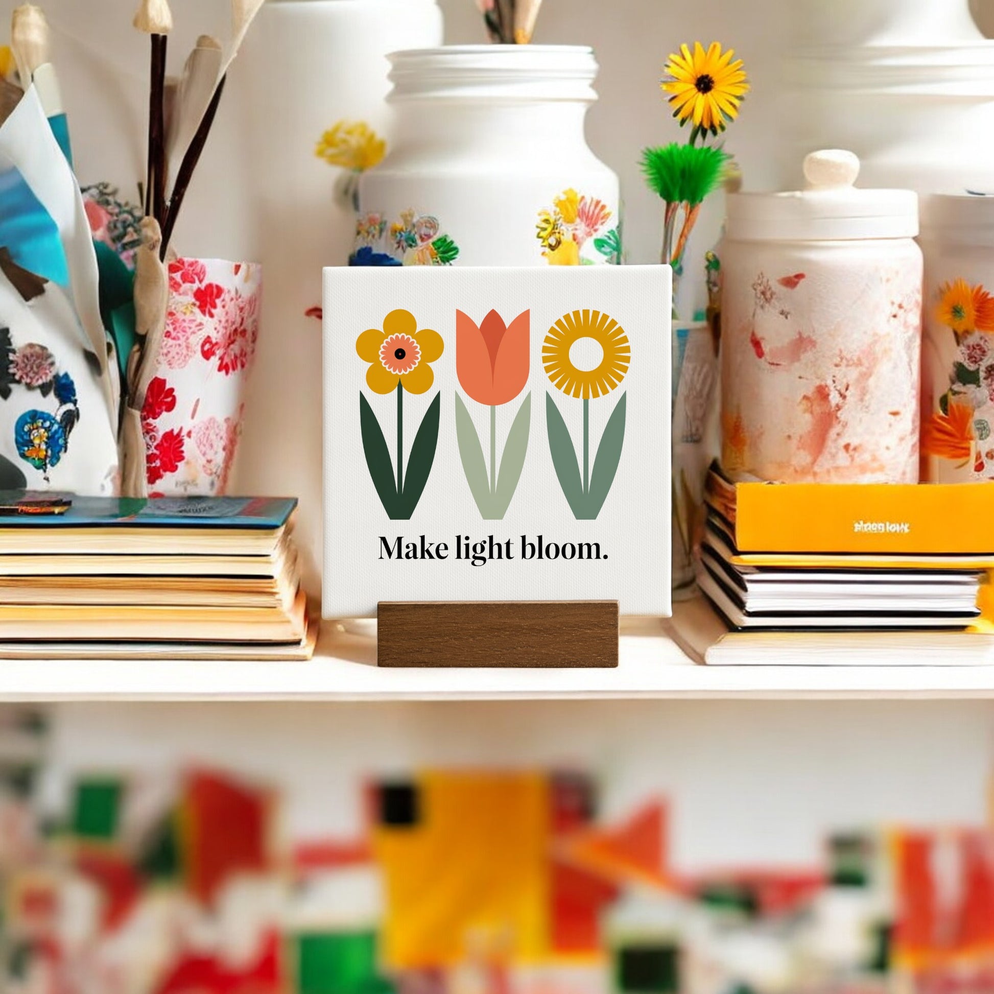 The Mirabilia Boutique "Make Light Bloom" Mini Canvas Sign with Wood Base adds a floral touch and daily affirmation to shelves, pairing beautifully with books, jars, vases, and artificial blooms—ideal decor for small spaces.