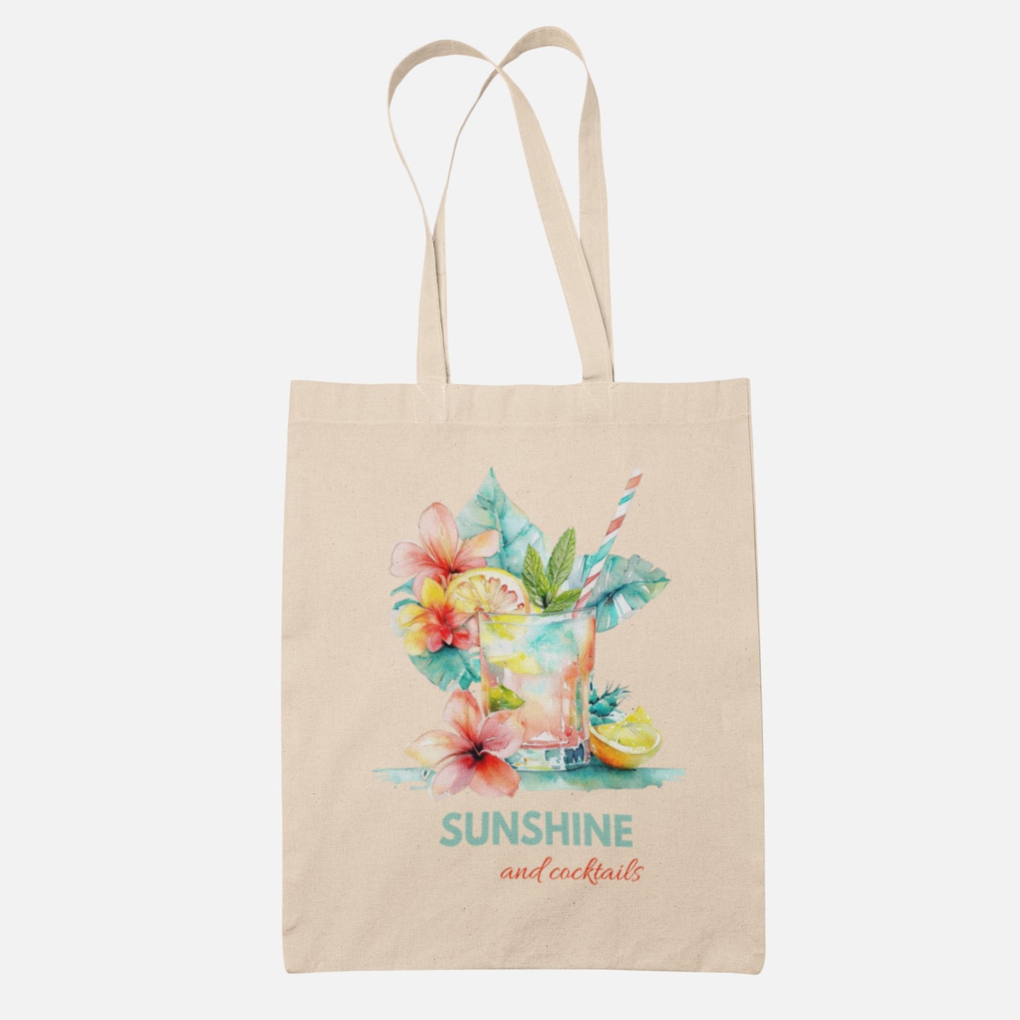 Carry a touch of paradise wherever you go with the Sunshine and Cocktails Canvas Tote Bag by Mirabilia Boutique. This beige tote features a vibrant watercolor illustration of a cocktail adorned with flowers, fruit, and a straw, along with the phrase "SUNSHINE and cocktails" in eye-catching teal and coral text. Perfect for infusing your outings with a fun, tropical flair!.