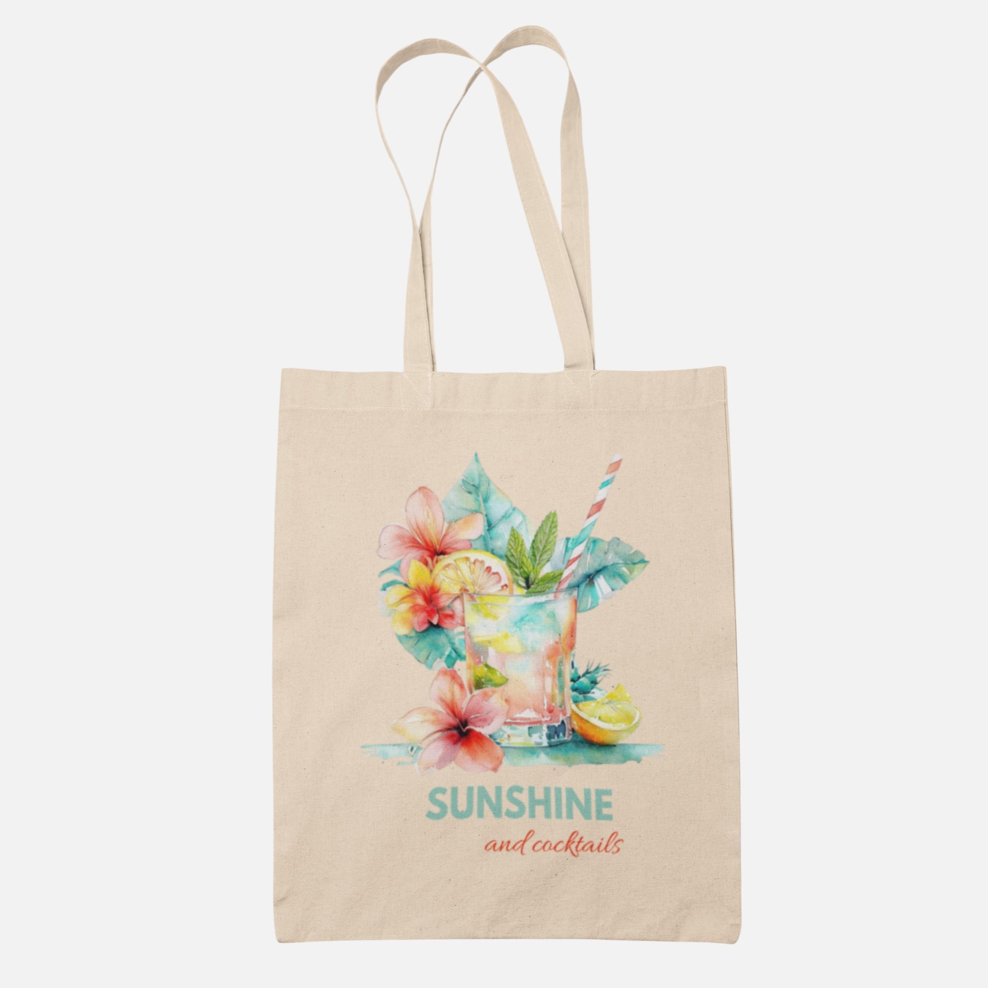 Carry a touch of paradise wherever you go with the Sunshine and Cocktails Canvas Tote Bag by Mirabilia Boutique. This beige tote features a vibrant watercolor illustration of a cocktail adorned with flowers, fruit, and a straw, along with the phrase "SUNSHINE and cocktails" in eye-catching teal and coral text. Perfect for infusing your outings with a fun, tropical flair!.