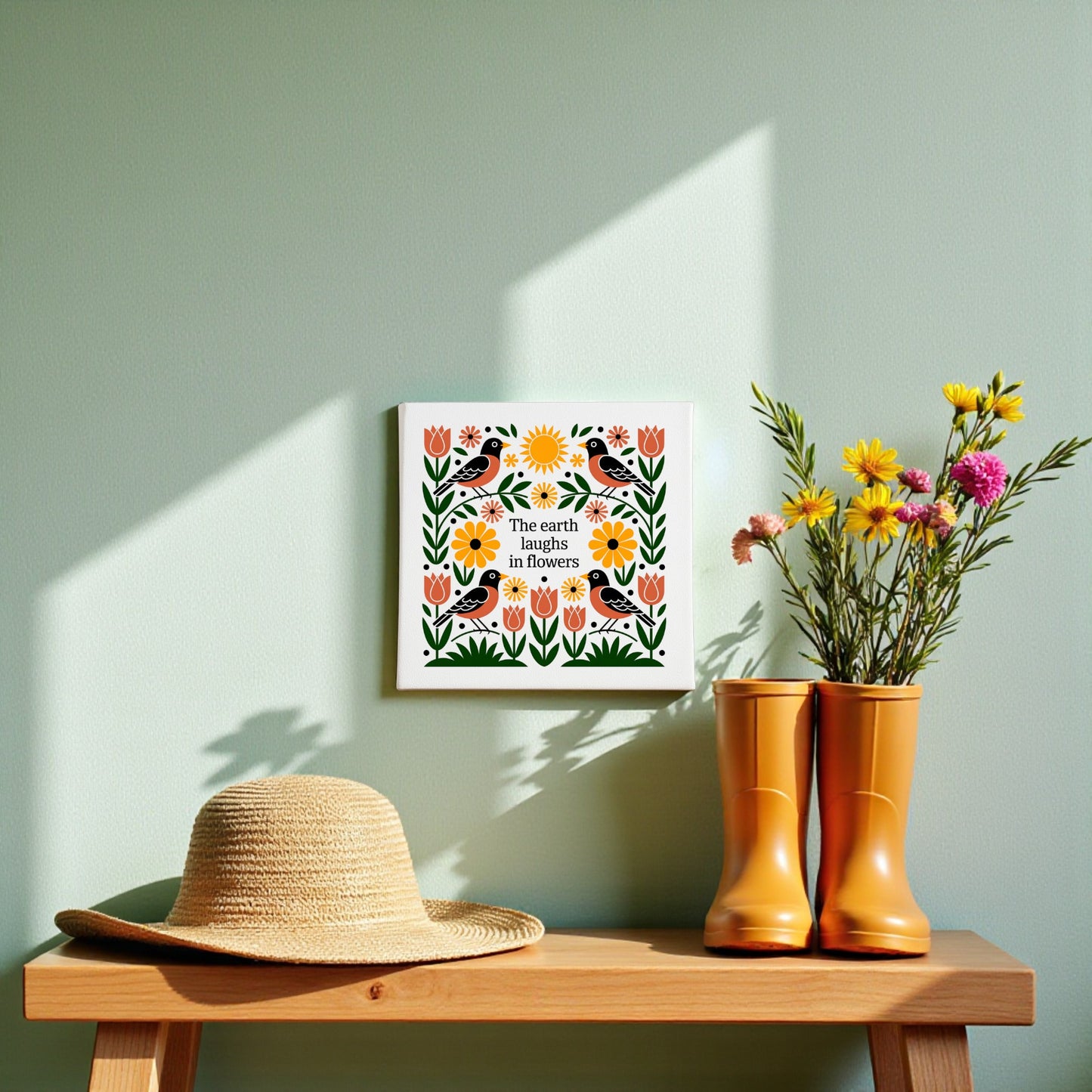 A straw hat and yellow rain boots with wildflowers rest on a wooden bench. Above, Mirabilia Boutique’s “The Earth Laughs in Flowers” Canvas Wall Art adds folk art charm to the pale green wall, lit by sunlight and soft shadows.