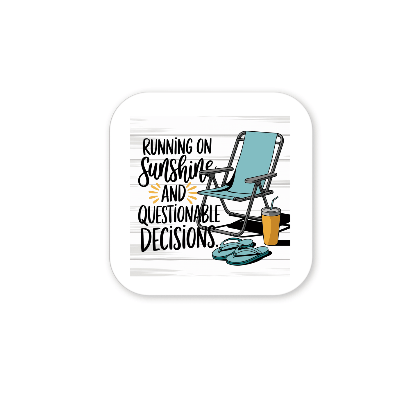 The Running on Sunshine Magnet – Funny Summer Fridge Decor by Mirabilia Boutique features a blue beach chair, flip-flops, a drink, and the phrase "Running on sunshine and questionable decisions"—a fun accessory for any kitchen or vacation home.