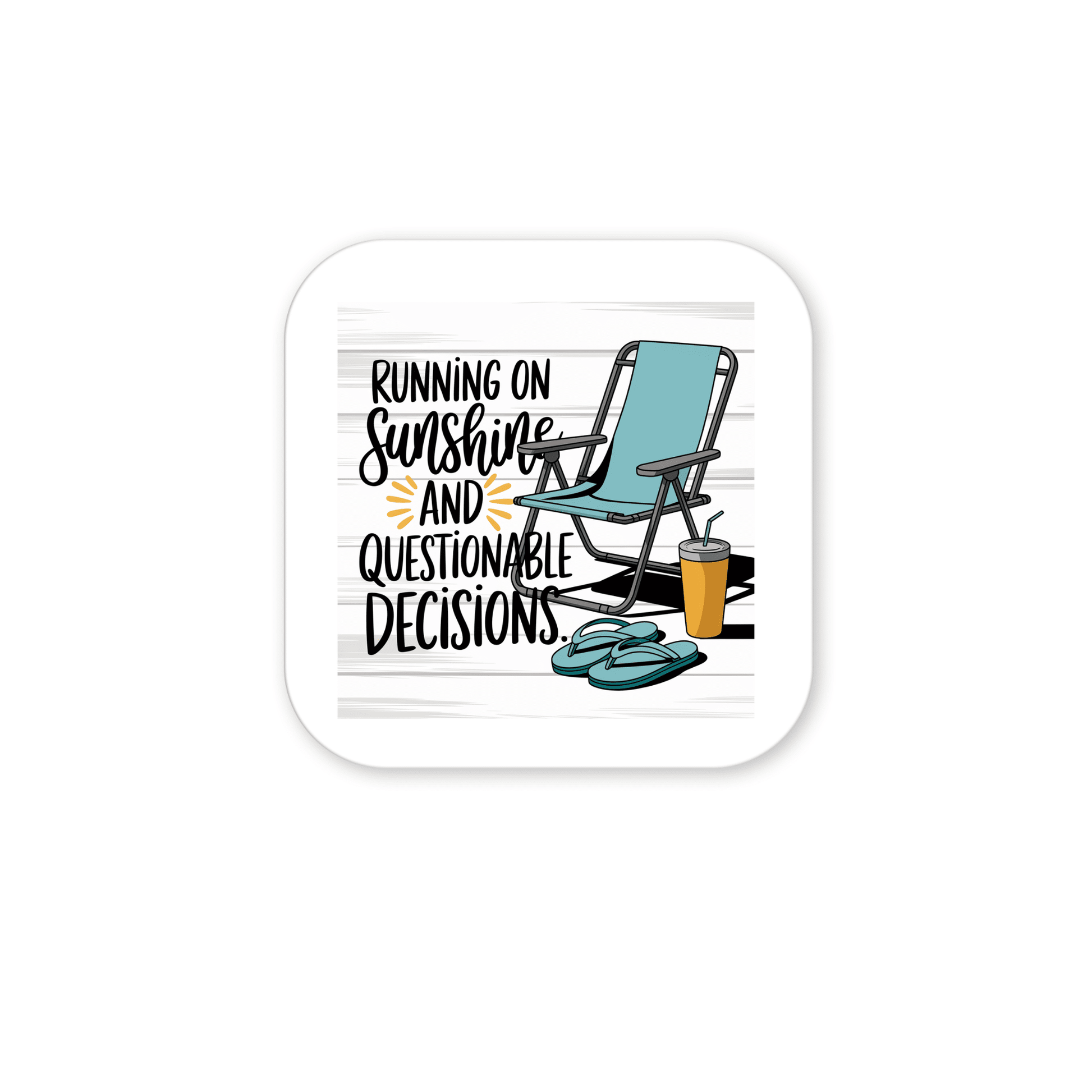 The Running on Sunshine Magnet – Funny Summer Fridge Decor by Mirabilia Boutique features a blue beach chair, flip-flops, a drink, and the phrase "Running on sunshine and questionable decisions"—a fun accessory for any kitchen or vacation home.