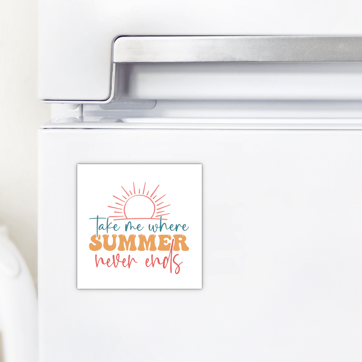 Add wanderlust flair to your fridge with the Mirabilia Boutique "Take Me Where Summer Never Ends" magnet, featuring a vibrant sun design and travel-inspired quote—perfect summer or beach lover gift!.