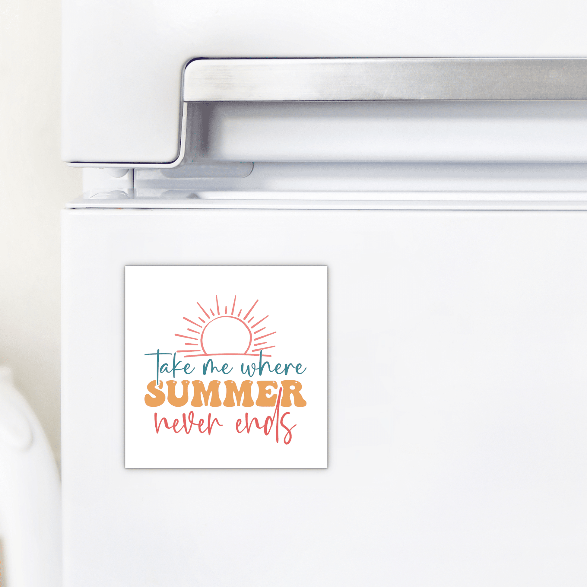 Add wanderlust flair to your fridge with the Mirabilia Boutique "Take Me Where Summer Never Ends" magnet, featuring a vibrant sun design and travel-inspired quote—perfect summer or beach lover gift!.