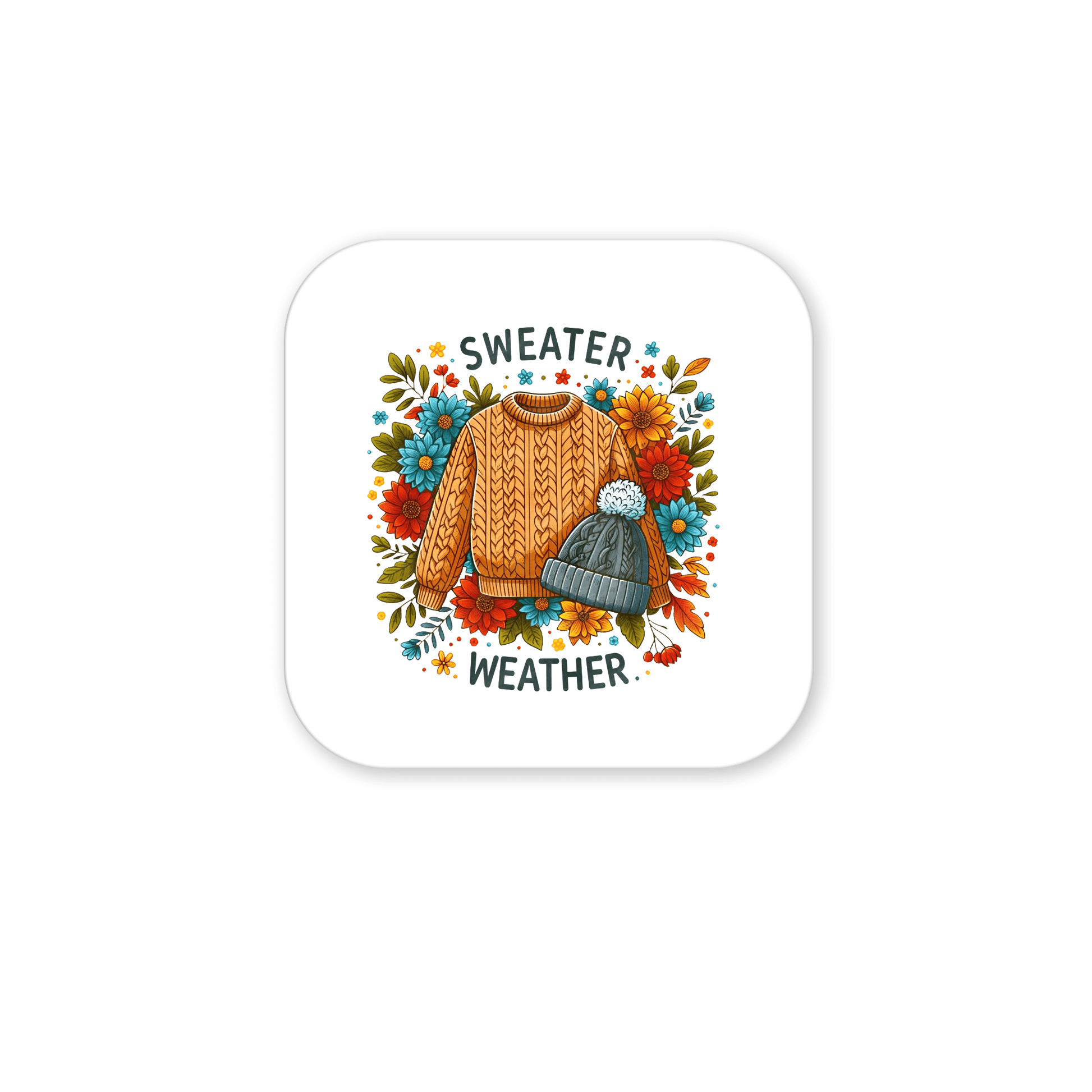 Illustration of a cozy orange sweater and striped beanie amid autumn flowers, with "Sweater Weather"—the perfect Sweater Weather Magnet by Mirabilia Boutique for cozy fall fridge decor or a charming autumn gift.