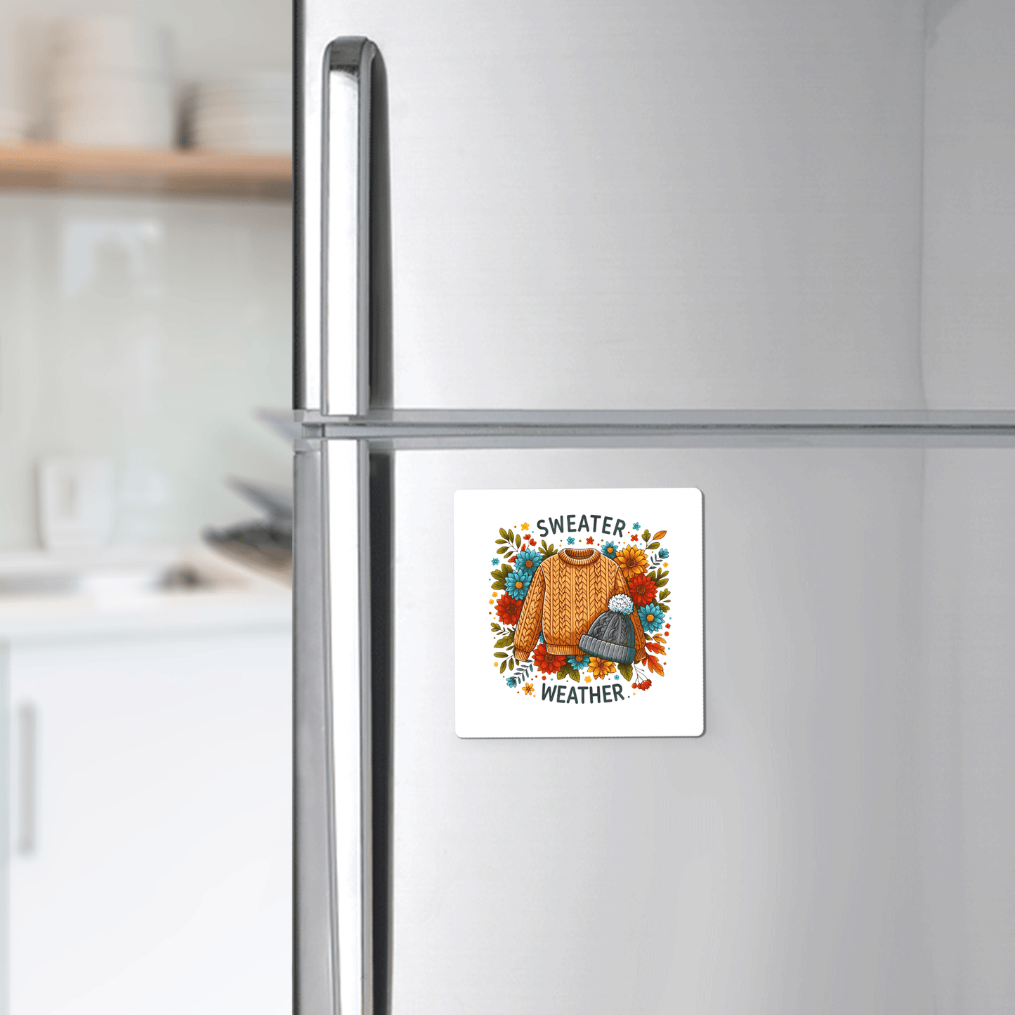 A refrigerator displays the Mirabilia Boutique Sweater Weather Magnet, featuring autumn sweater art with leaves, a pumpkin, and a scarf—ideal cozy fall fridge decor. Kitchen counter and shelves appear in the background.
