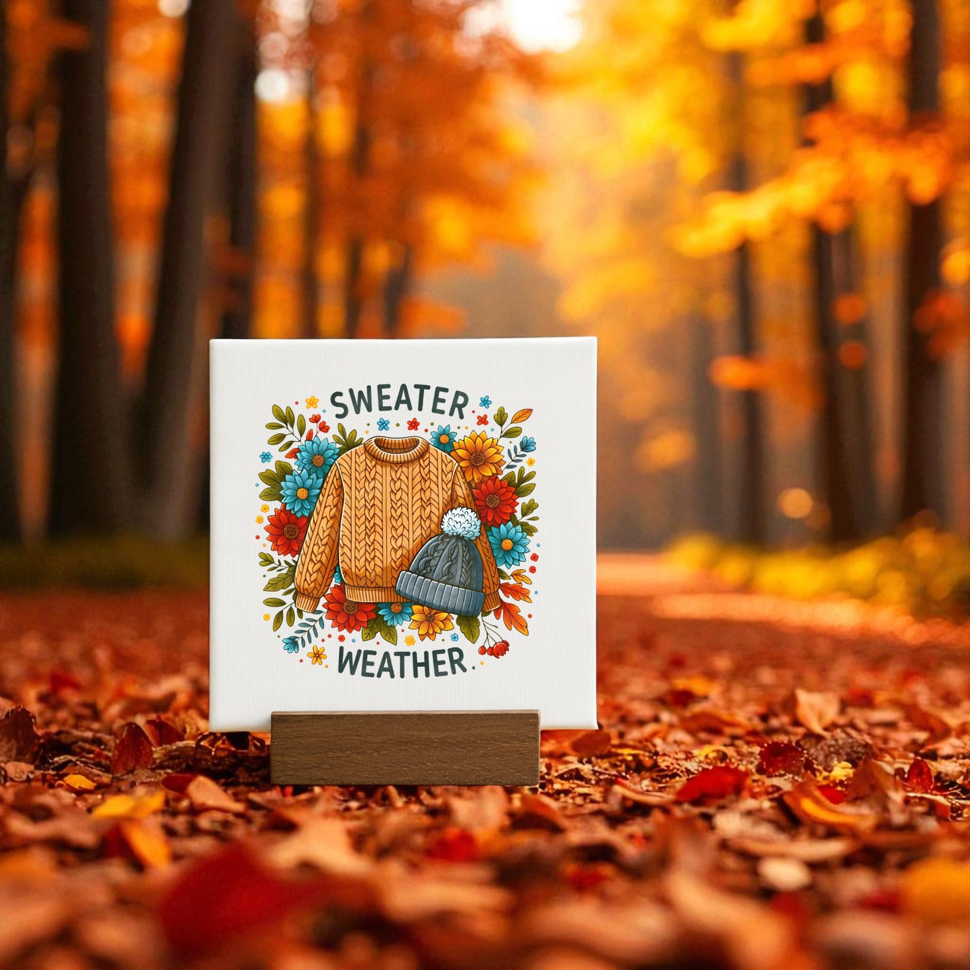 The Sweater Weather Mini Sign by Mirabilia Boutique, featuring a cable knit canvas with a sweater, hat, and autumn leaves on a wood holder, is cozy fall decor perfect for your home or as an autumn gift.