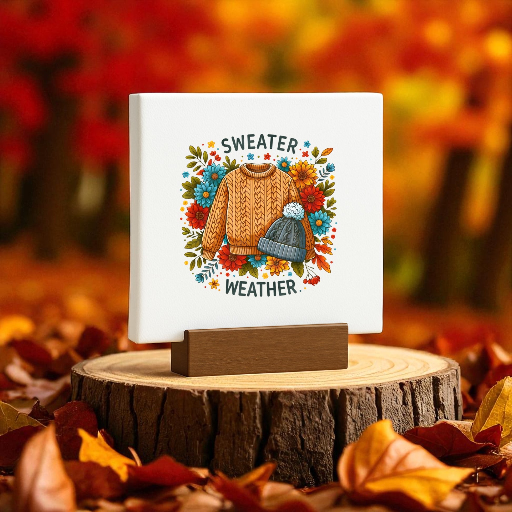 The Sweater Weather Mini Sign by Mirabilia Boutique features a sweater and knit hat on cable knit canvas, surrounded by autumn leaves—perfect as cozy fall decor or a charming gift for the season.