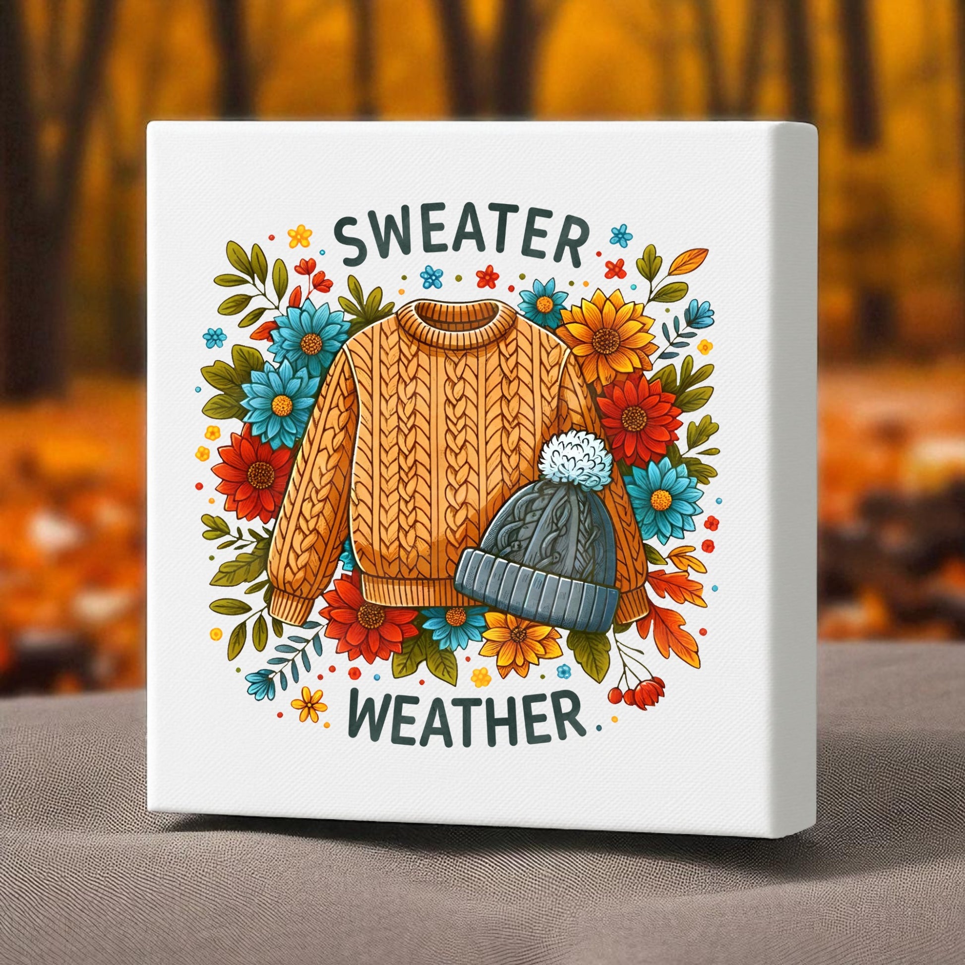 The Mirabilia Boutique Sweater Weather Canvas (8x8) showcases a cozy orange sweater and gray hat with fall flowers and "Sweater Weather" text, set against a blurred forest—perfect autumn wall art or home decor.