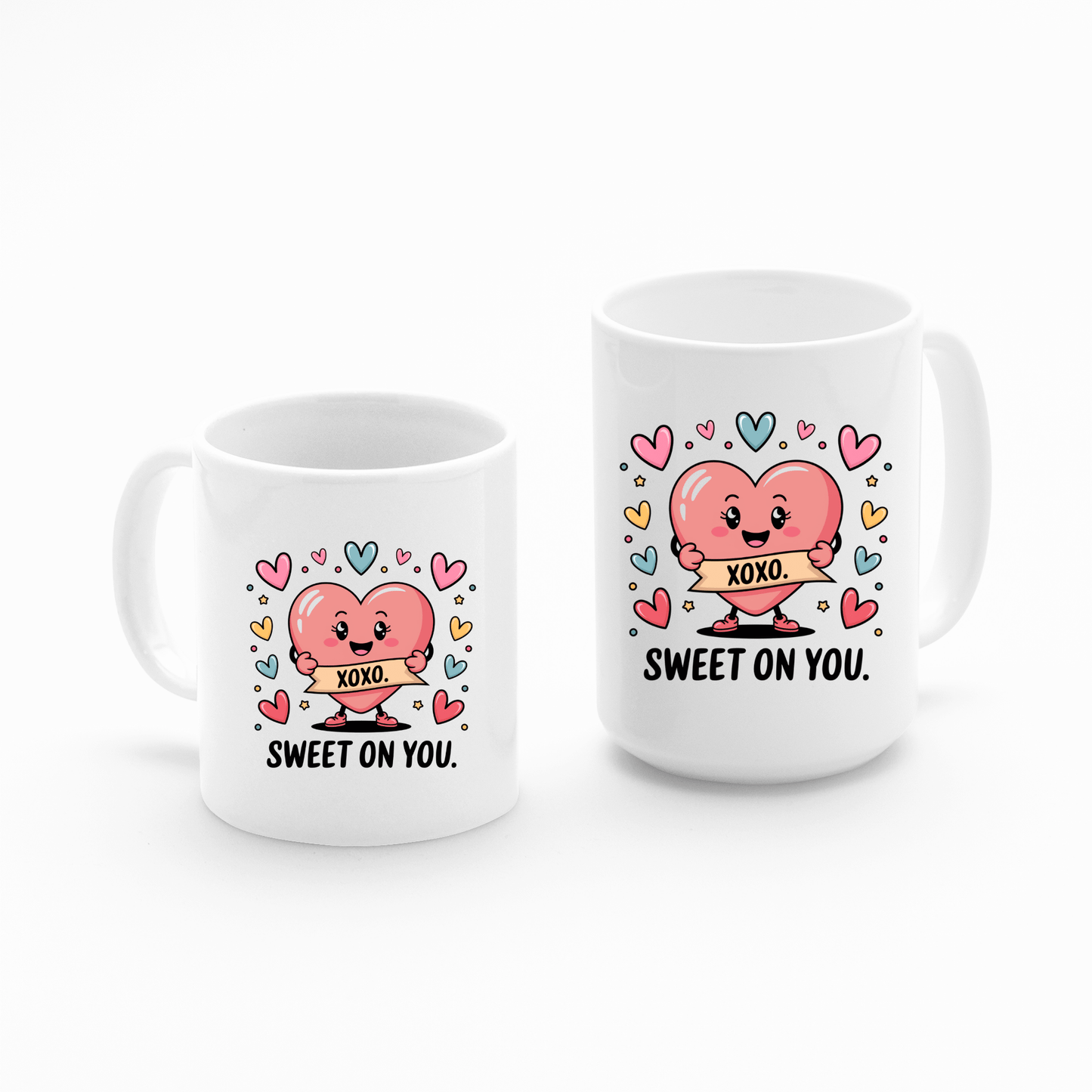 The Sweet On You Heart Mug by Mirabilia Boutique features a cute pink heart cartoon with an "XOXO" envelope and colorful hearts, plus "SWEET ON YOU" text—an adorable Valentine’s gift for someone special!.