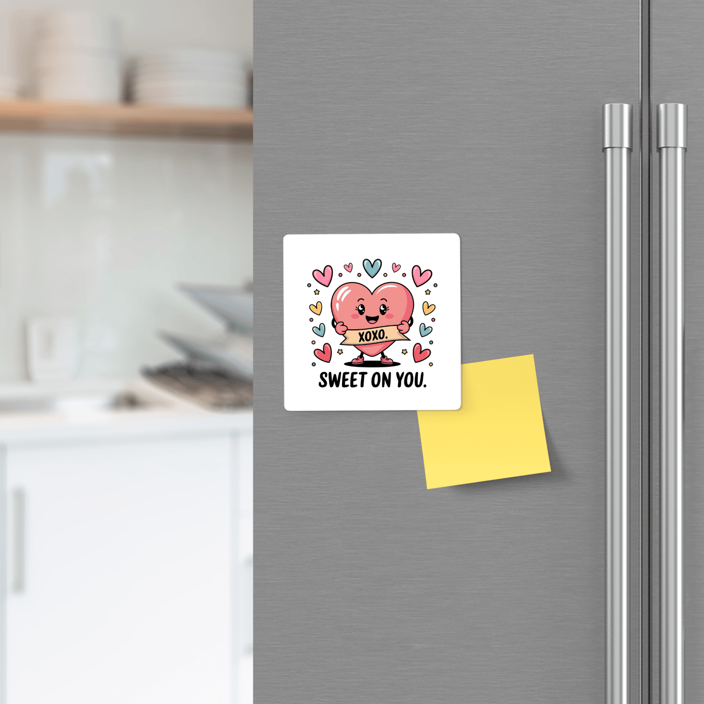 The Sweet on You Valentine Magnet by Mirabilia Boutique, with its heart character holding a love note, decorates a fridge beside a yellow sticky note and kitchen shelves, adding romantic charm to your kitchen.