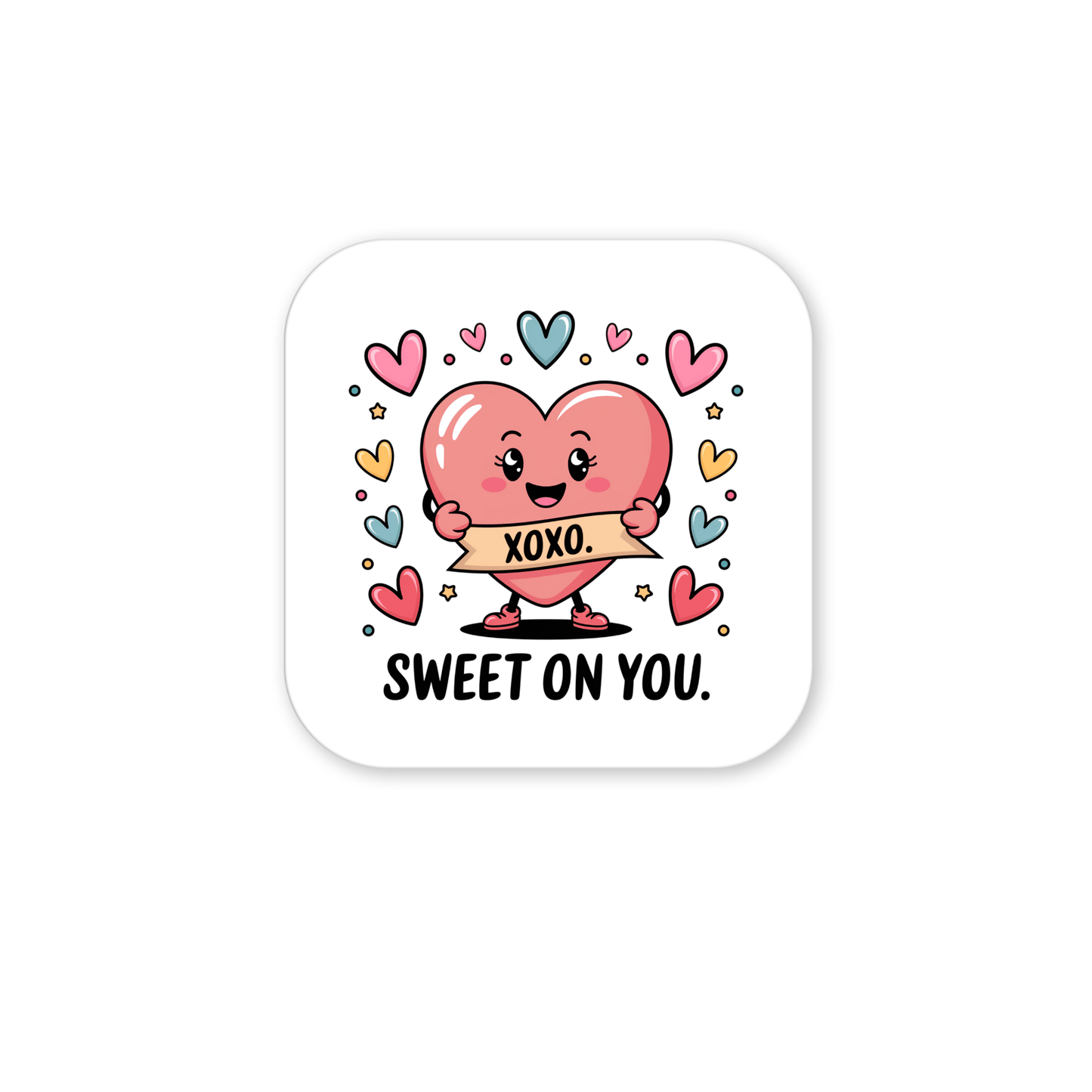 The Sweet on You Valentine Magnet by Mirabilia Boutique features a cartoon pink heart holding a yellow "XOXO" banner, surrounded by colorful hearts and the text "SWEET ON YOU." Perfect for romantic kitchen decor. White background, rounded square border.