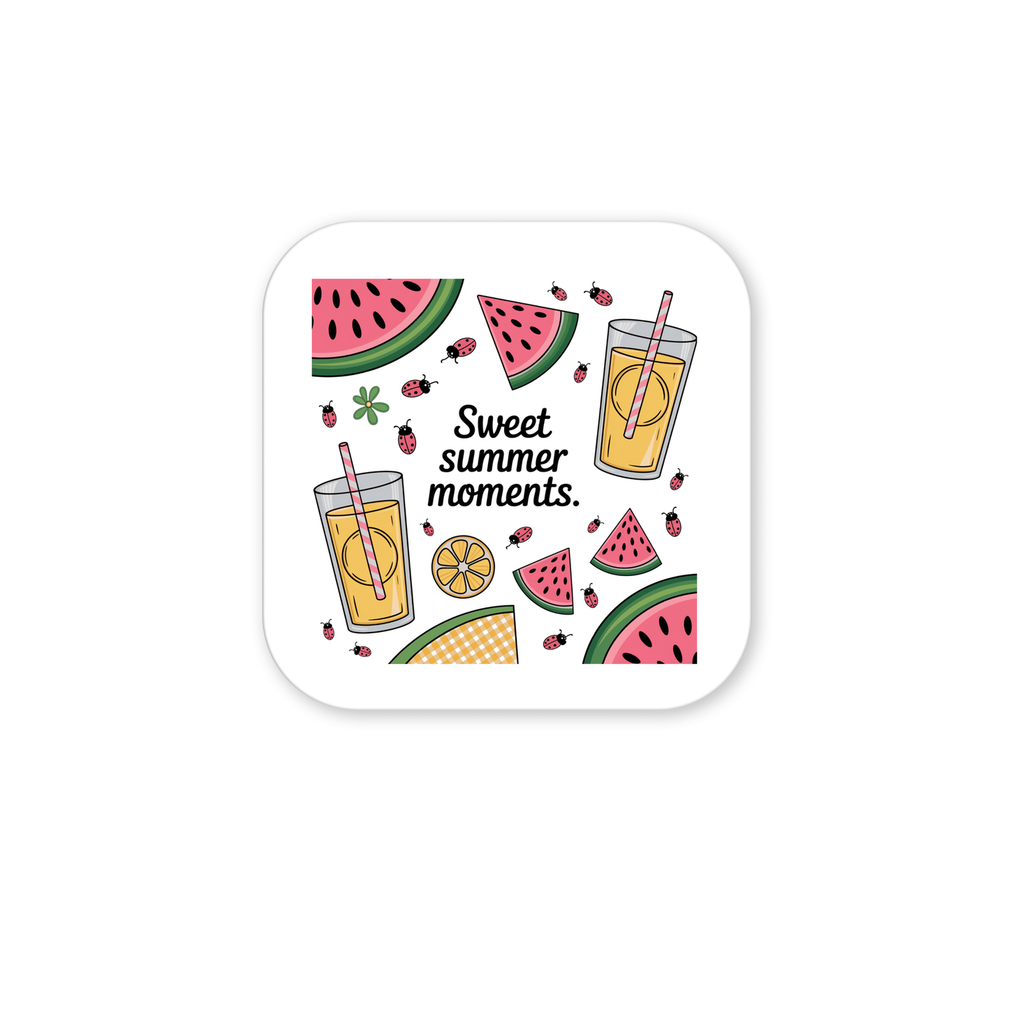 The Sweet Summer Moments Magnet by Mirabilia Boutique features watermelon slices, lemonade, lemon slices, ladybugs, and clover around the words “Sweet summer moments.”.