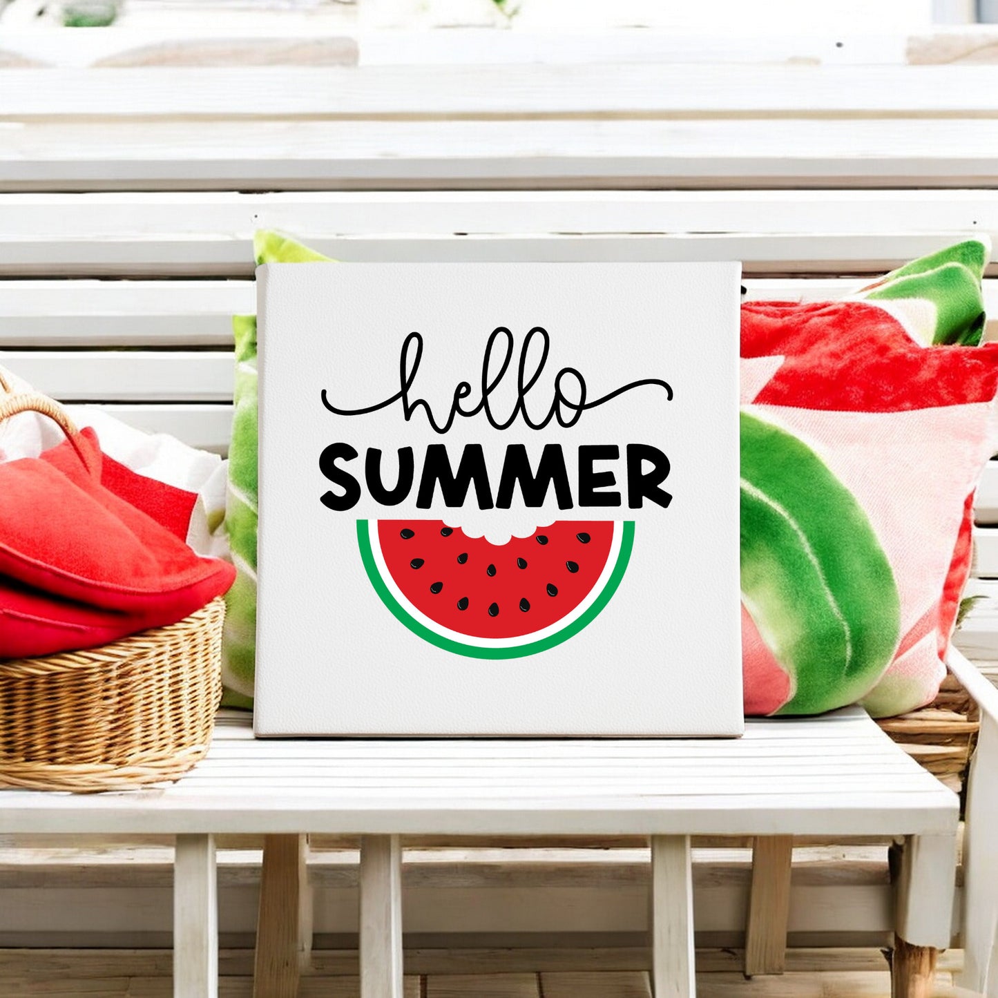 The Mirabilia Boutique Hello Summer Watermelon Canvas Sign – 8x8 Fruit Wall Art adds a fresh, fun touch to any space with its vibrant design—perfect summer decor for your home.