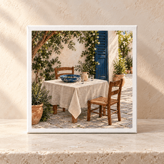 Table in the Shade Canvas is an 8 × 8-inch artwork of a linen-covered table with a bowl and glasses between two chairs on a sunlit stone patio.