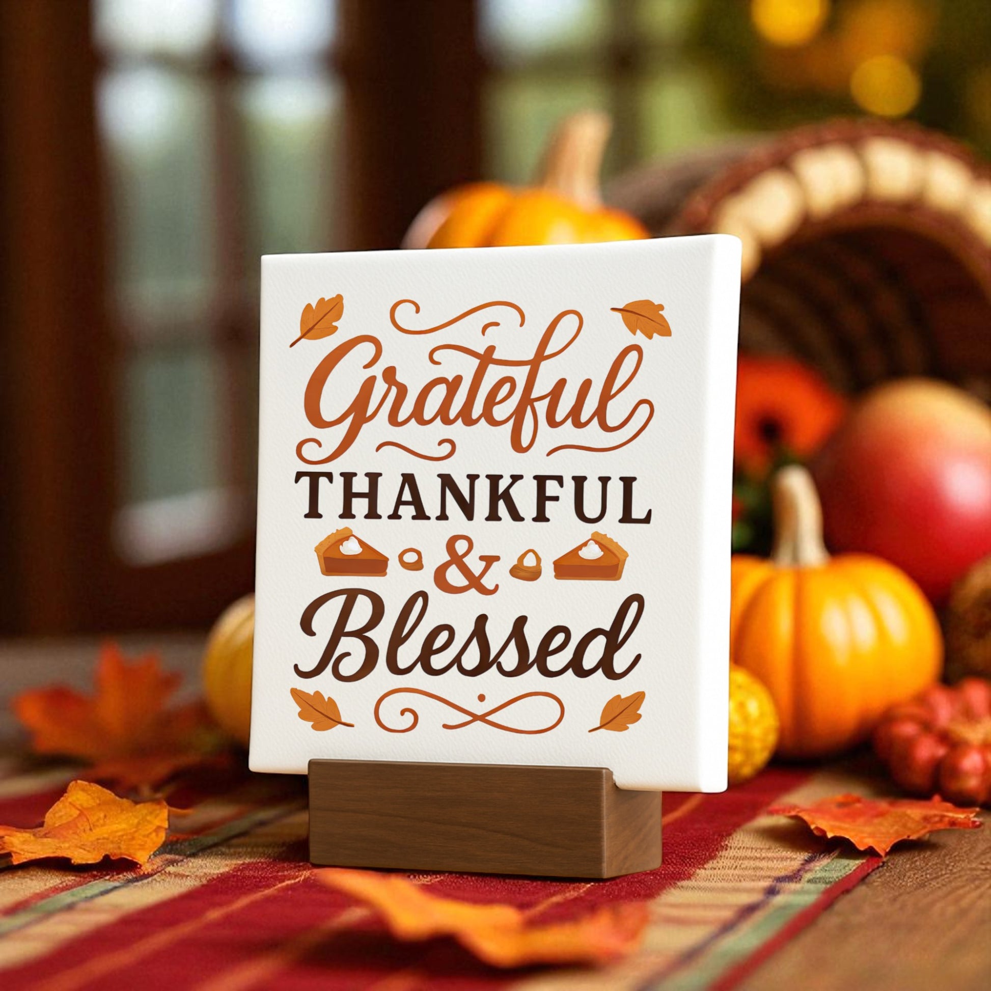 The Grateful Thankful Blessed Mini Sign by Mirabilia Boutique features pie slice illustrations on a wooden stand, perfect as fall tabletop decor to warm up your home with festive autumn style.