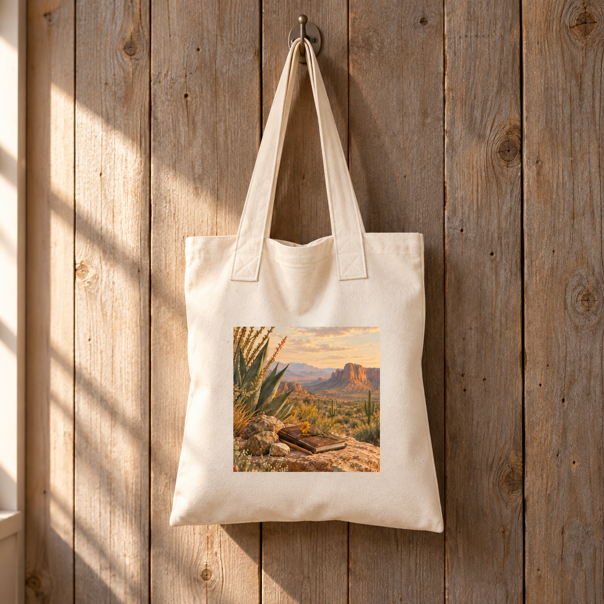 The Take Only What You Need Tote Bag | Sage & Stone by Mirabilia Boutique, with a sunlit desert design of cacti, mountains, and agave leaves, hangs on a wooden wall hook in sunlight.