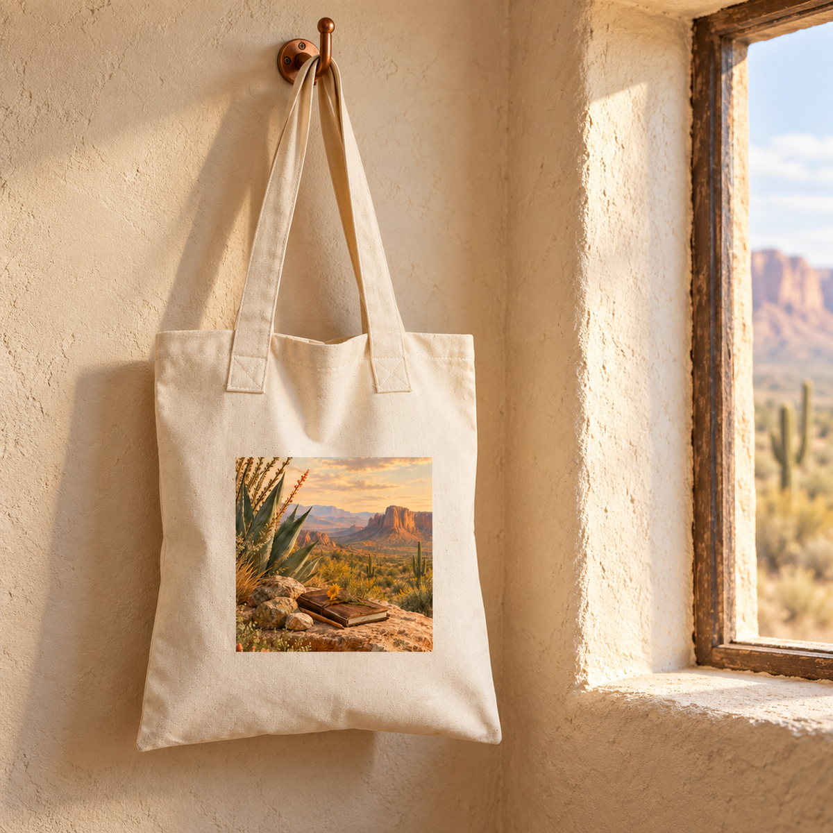 The Take Only What You Need Tote Bag | Sage & Stone by Mirabilia Boutique, featuring a sunlit desert design, hangs on a wall hook near a window with views of cactus and agave leaves.