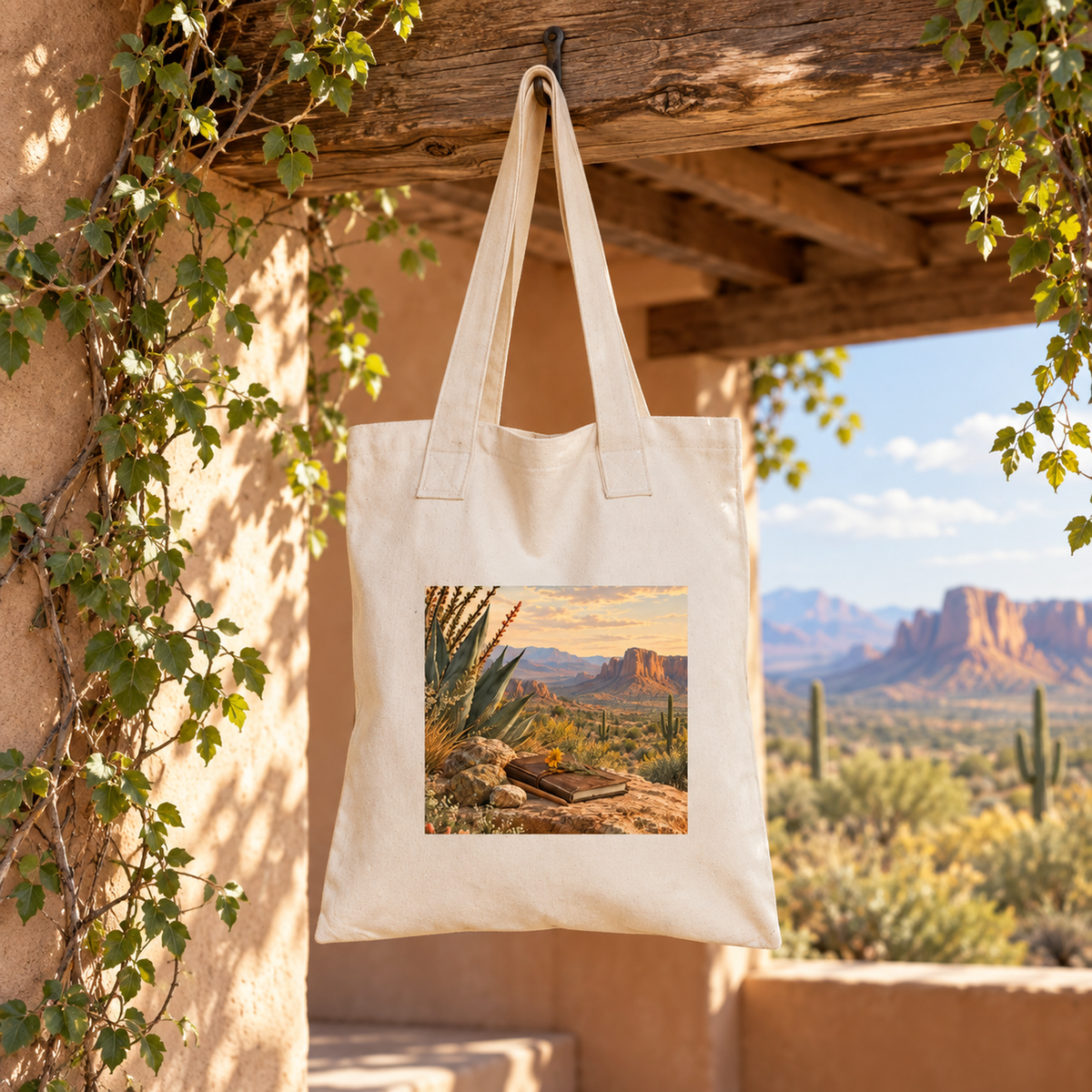 The Take Only What You Need Tote Bag | Sage & Stone by Mirabilia Boutique, featuring a sunlit desert landscape print, hangs on a porch among agave leaves with mountains in the distance.