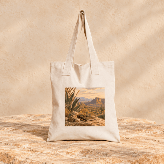 The Take Only What You Need Tote Bag | Sage & Stone from Mirabilia Boutique showcases a sunlit desert scene with cacti, rocks, and mountains, displayed on stone against a sandy background.