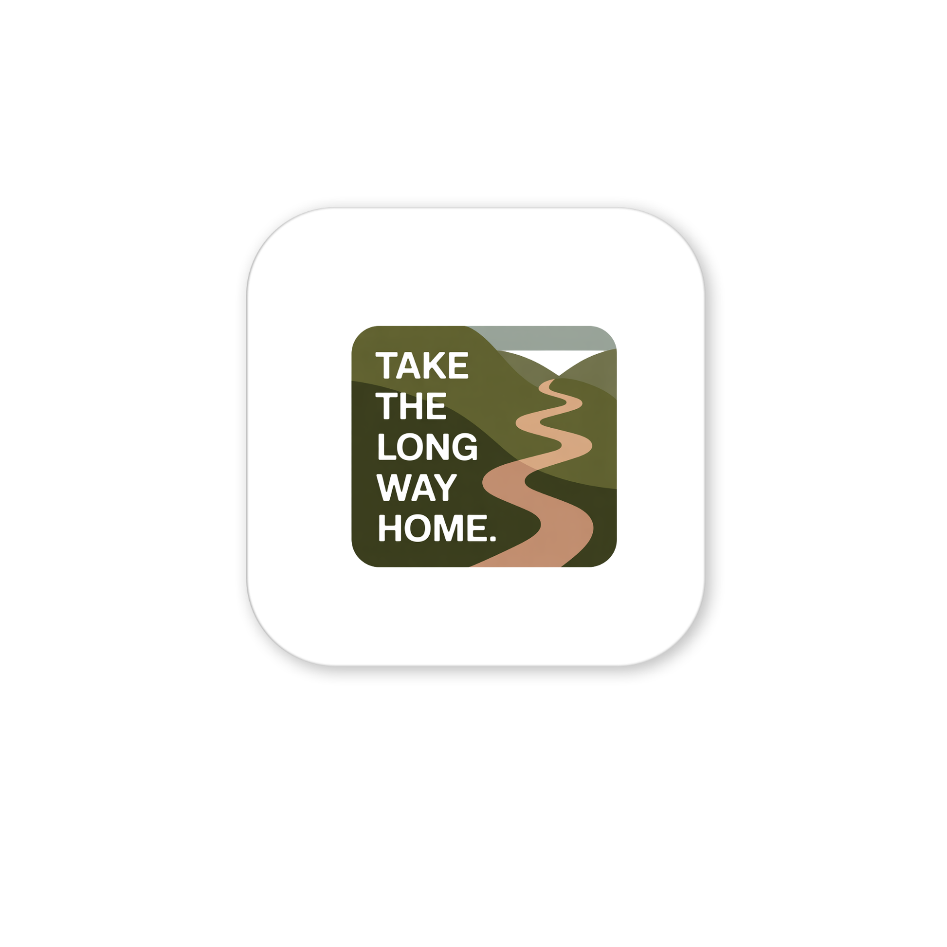 The Take the Long Way Home Travel Magnet by Mirabilia Boutique features a winding path through green hills under a cloudy sky with the quote “TAKE THE LONG WAY HOME.” Ideal as a travel or nature-inspired décor magnet.