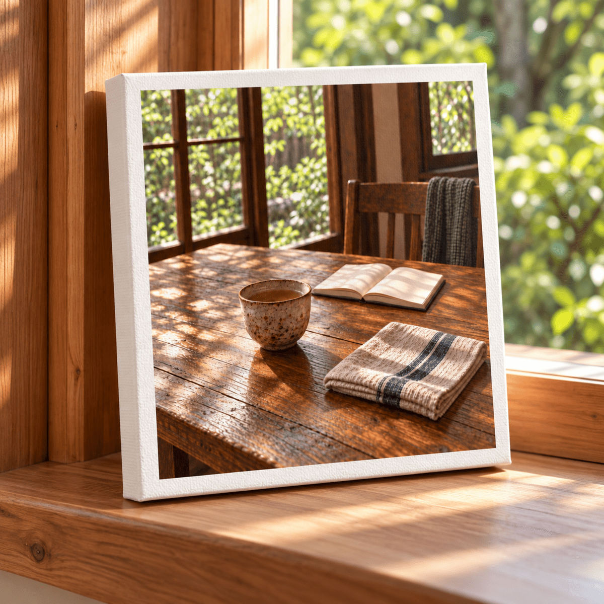 The Morning Table Canvas by Mirabilia Boutique rests on a wooden windowsill, displaying a square print of a rustic table set with a ceramic mug, an open book, and a folded cloth.
