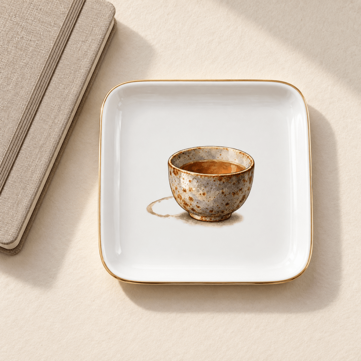 Square white ceramic A Cup Set Down Ceramic Jewelry Tray with a gold rim, featuring a watercolor illustration of a tea cup and a small coffee ring stain in the center.