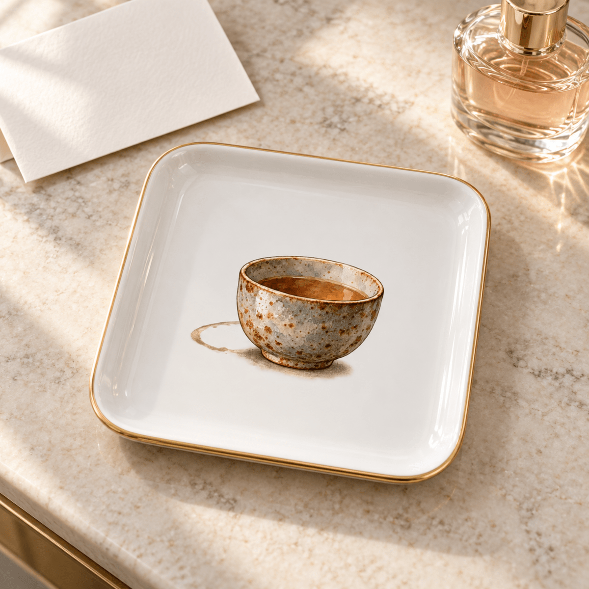 A Cup Set Down Ceramic Jewelry Tray is a white square ceramic tray with a gold rim, featuring a painted illustration of a small speckled teacup with a ring stain.
