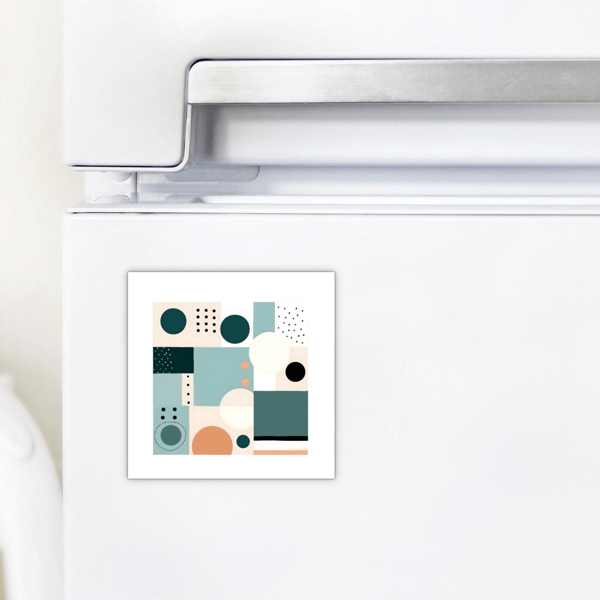 The Coastal Geometry Mid Century Modern Magnet by Mirabilia Boutique features an abstract square design in muted blue, peach, and cream for a stylish mid-century look on your fridge.