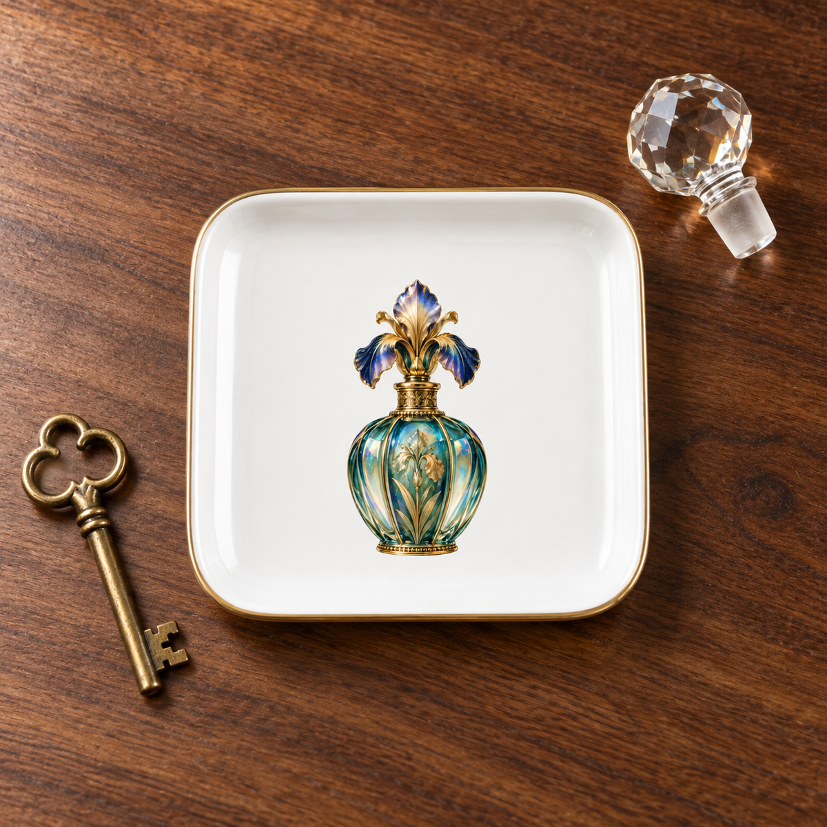 The Iris Perfume Bottle Jewelry Tray | Gilded Reverie by Mirabilia Boutique elegantly displays a decorative perfume bottle with a flower-shaped stopper, accompanied by a vintage key and a crystal bottle stopper, all arranged on its white surface with gold trim atop a wooden table.
