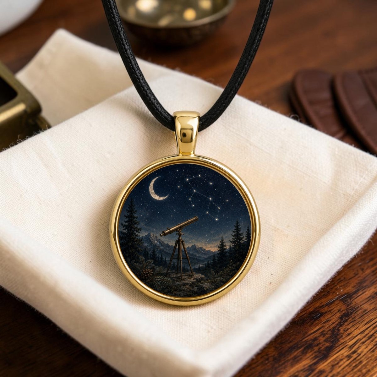 The Under the Constellations | Story Pendant Necklace by Mirabilia Boutique showcases a captivating night sky with a crescent moon, stars, constellation, and telescope nestled among trees and mountains—all displayed on a soft cream-colored cloth. This enchanting piece of stargazing jewelry is perfect for dreamers and adventurers alike.
