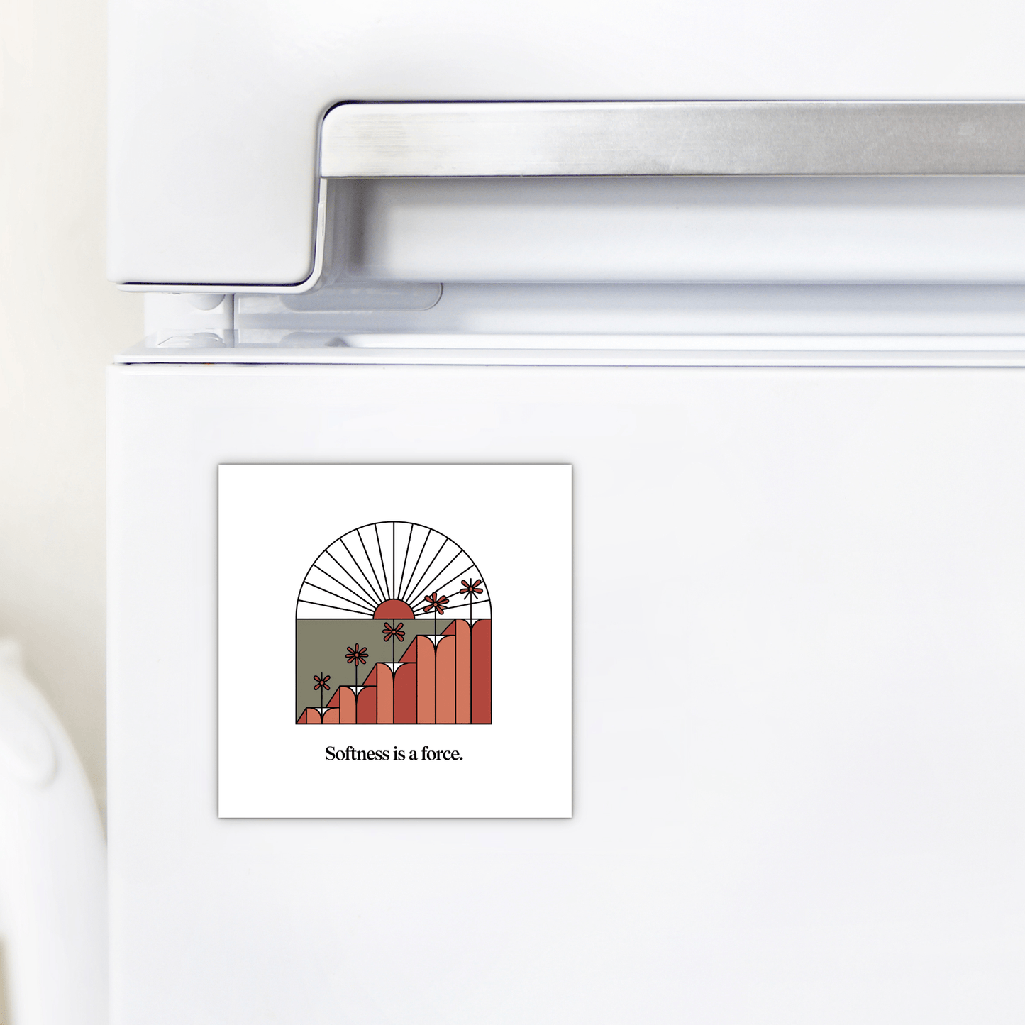 The Mirabilia Boutique "Softness Is a Force Abstract Floral Magnet" features a minimalist floral design—an inspiring, empowering gift for any refrigerator.