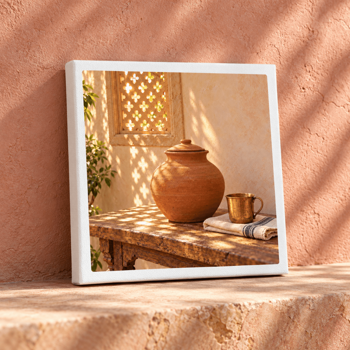 Water Kept Cool Canvas | Sand & Saffron print of a terracotta pot and a metal cup sitting on a rustic wooden table by a patterned window.