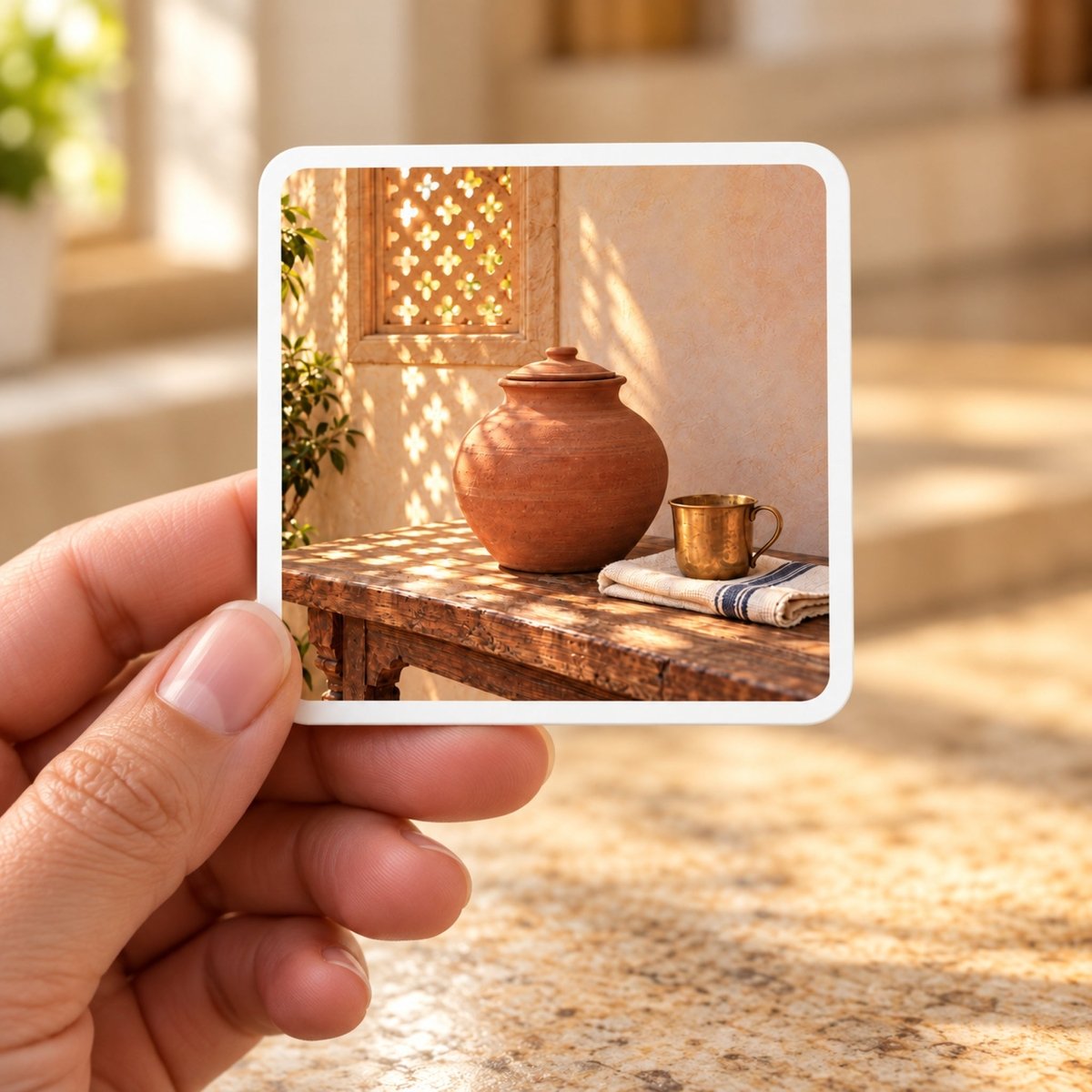 A hand holds a Water Kept Cool Magnet | Sand & Saffron decorative hardboard magnet featuring an earthenware vessel and a metal mug on a wooden table.