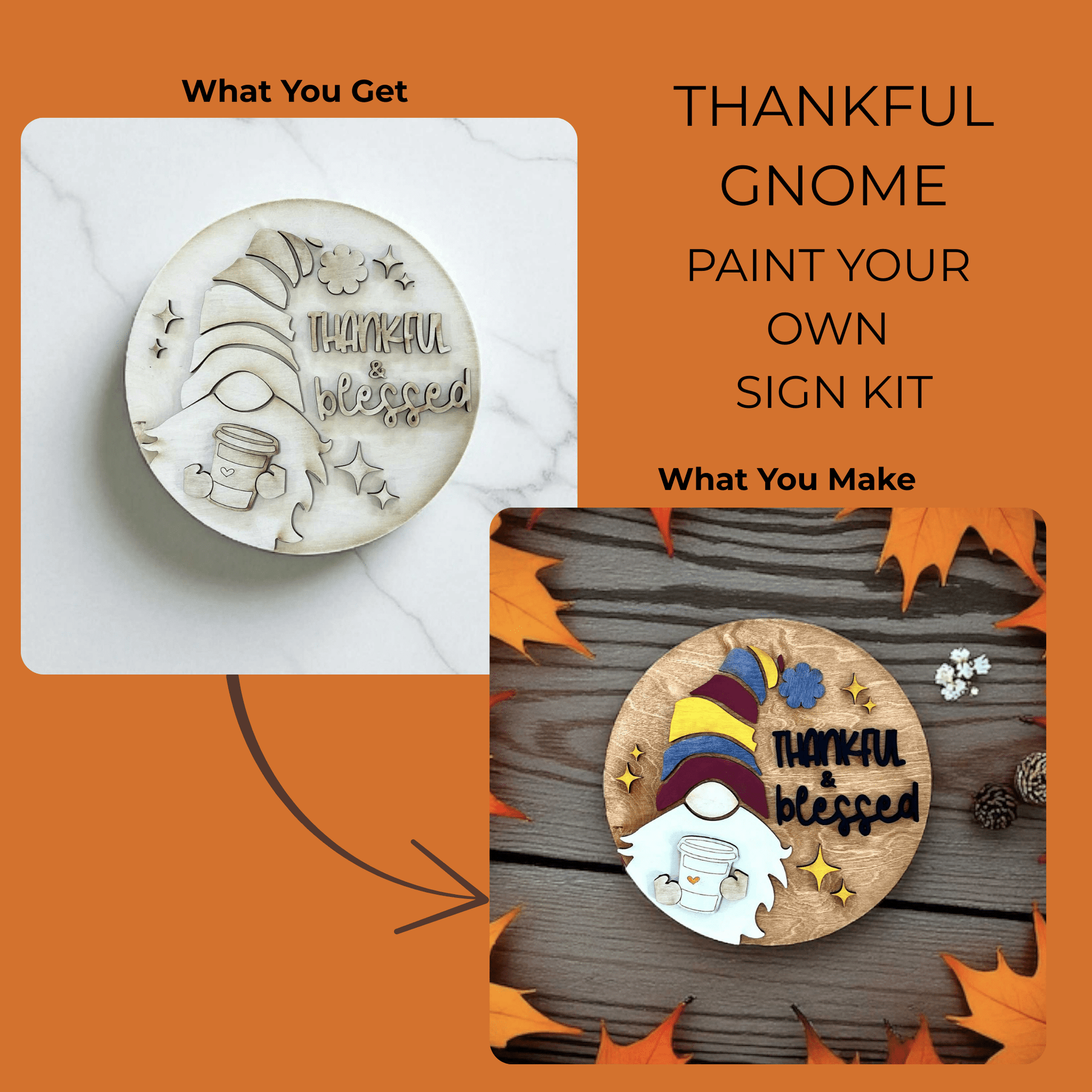 Two images feature the Mirabilia Boutique Thankful Gnome Paint Kit | DIY Fall Sign for Autumn Decor. The first shows the unpainted kit; the second displays the completed sign with autumn leaves. Text: "THANKFUL GNOME PAINT YOUR OWN SIGN KIT.