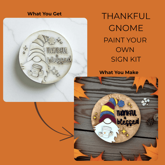 Two images feature the Mirabilia Boutique Thankful Gnome Paint Kit | DIY Fall Sign for Autumn Decor. The first shows the unpainted kit; the second displays the completed sign with autumn leaves. Text: "THANKFUL GNOME PAINT YOUR OWN SIGN KIT.