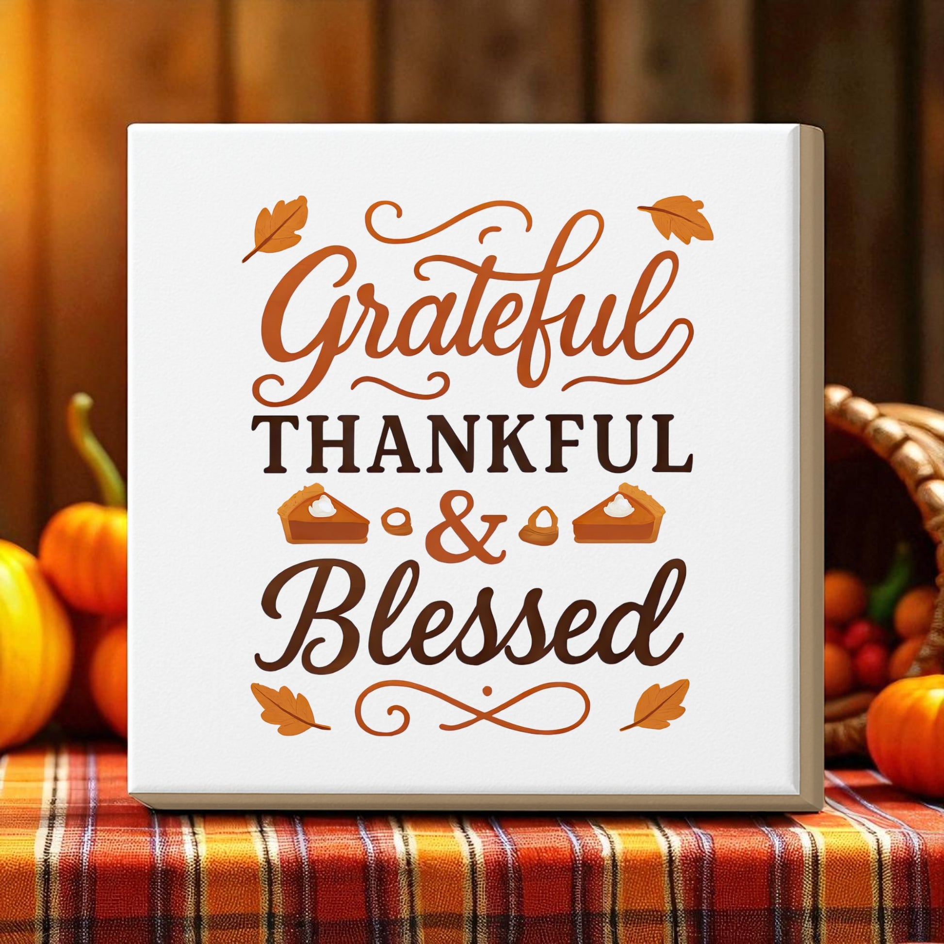 The Grateful Thankful Blessed Canvas (8x8) by Mirabilia Boutique features autumn leaves and pie slices, adding a festive touch to your fall decor with its warm Thanksgiving message. Perfect for wall art or table display.