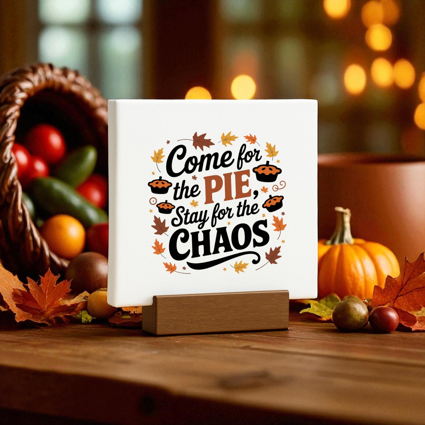 The Pie & Chaos Funny Fall Decor Mini Thanksgiving Sign by Mirabilia Boutique features "Come for the pie, stay for the chaos," with autumn leaves, pumpkins, and squash accents—perfect festive decor for your holiday table.