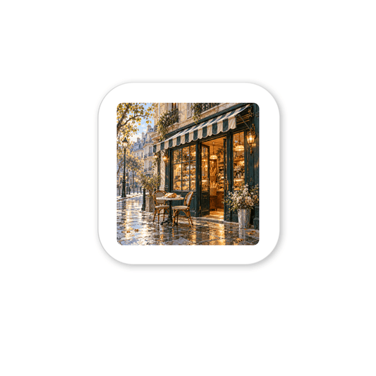 The City Before Nine Magnet | Paris Toujours square magnet featuring Paris café art of a street-level view with outdoor bistro seating on a wet cobblestone sidewalk.