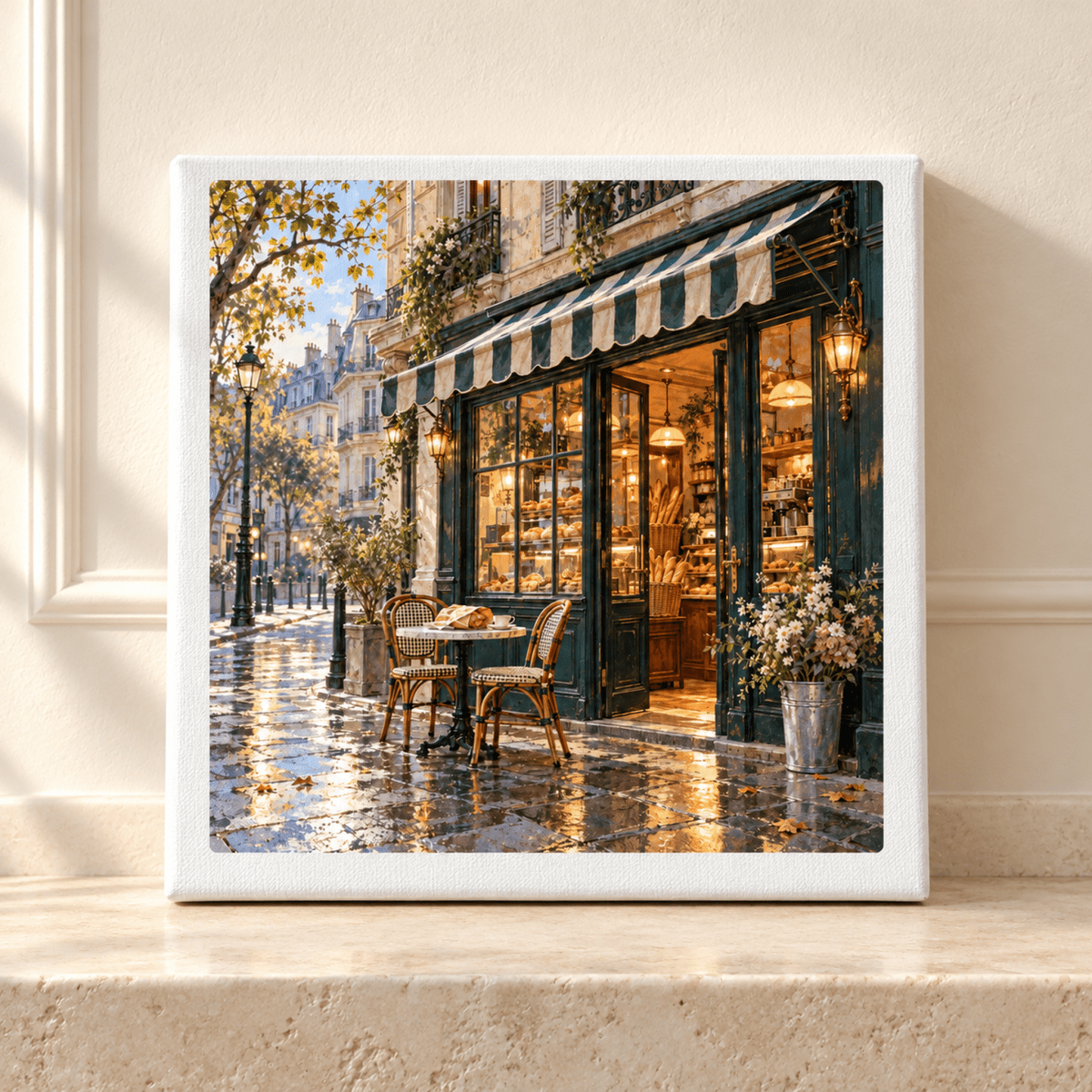 The City Before Nine Canvas | Paris Toujours gallery-wrapped art features a Parisian bakery with a striped awning, a sidewalk café table, and wet pavement reflecting morning light.
