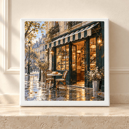 The City Before Nine Canvas | Paris Toujours gallery-wrapped art features a Parisian bakery with a striped awning, a sidewalk café table, and wet pavement reflecting morning light.