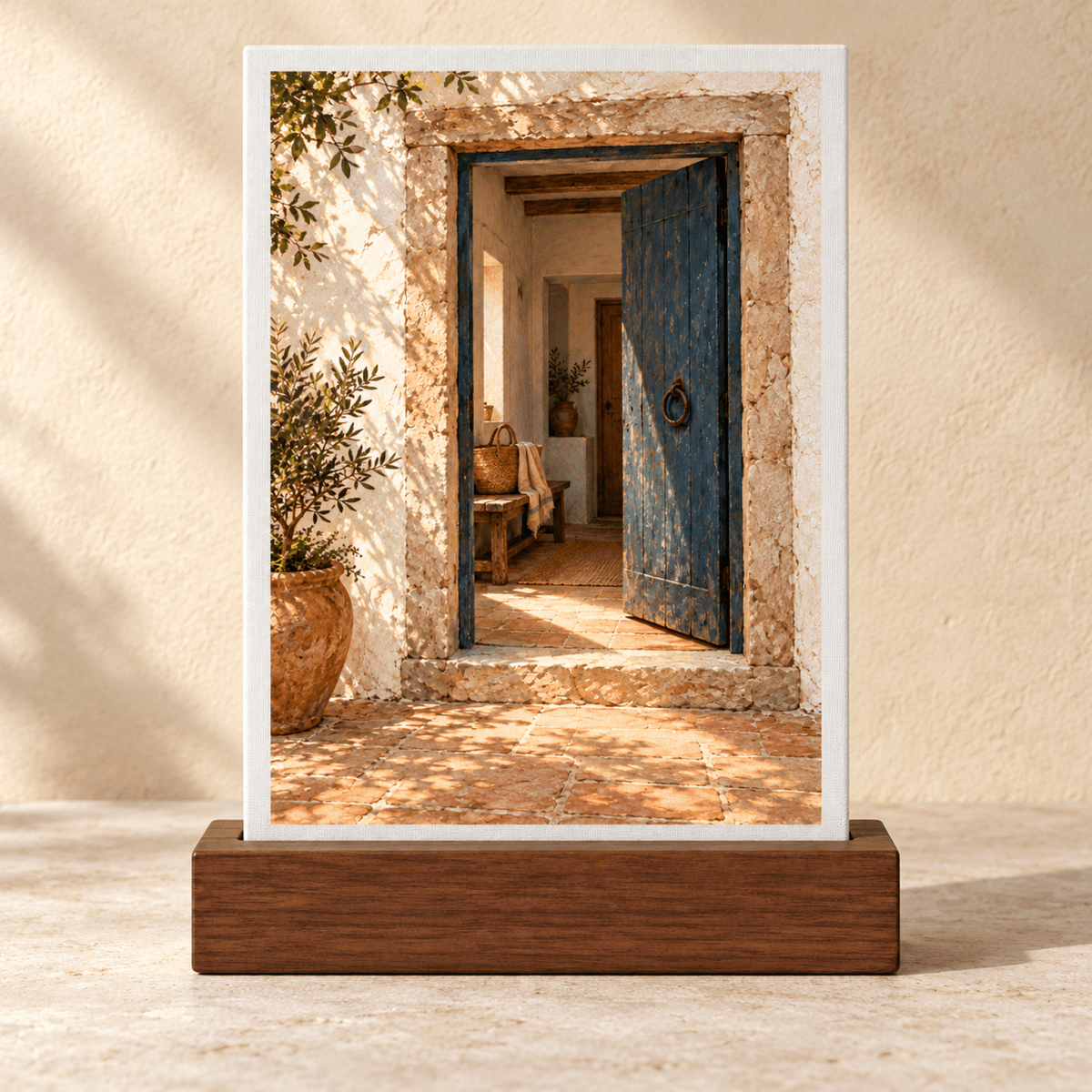 The Door Is Open Mini Sign on a dark oak base depicting an open blue door in a stone entryway with a potted olive tree.