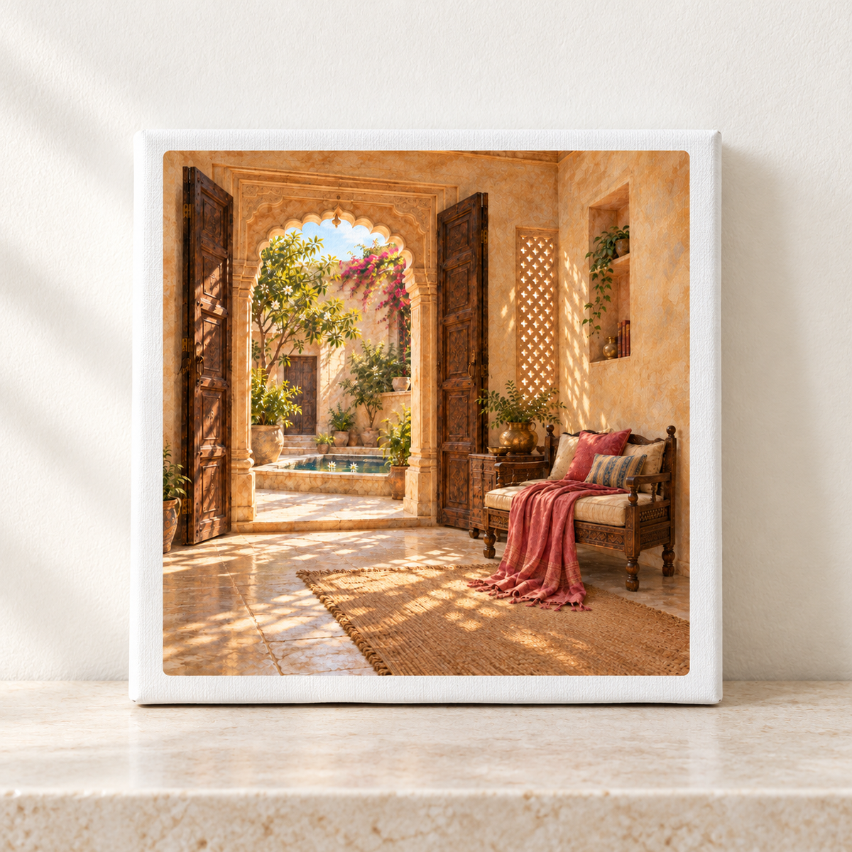 The Door Left Open Canvas | Sand & Saffron square gallery-wrapped canvas print featuring a sunlit courtyard seen through an open arched doorway, with a cushioned wooden bench in the foreground.