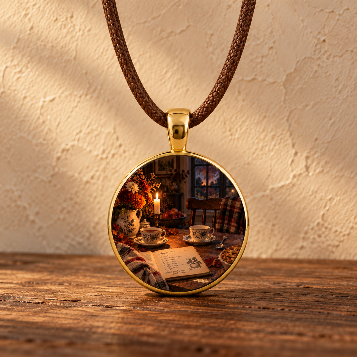 The Extra Place | Story Pendant Necklace by Mirabilia Boutique features a cozy autumn scene—tea cups, flowers, an open book, and candles on rustic wood, all set against a warm textured backdrop.