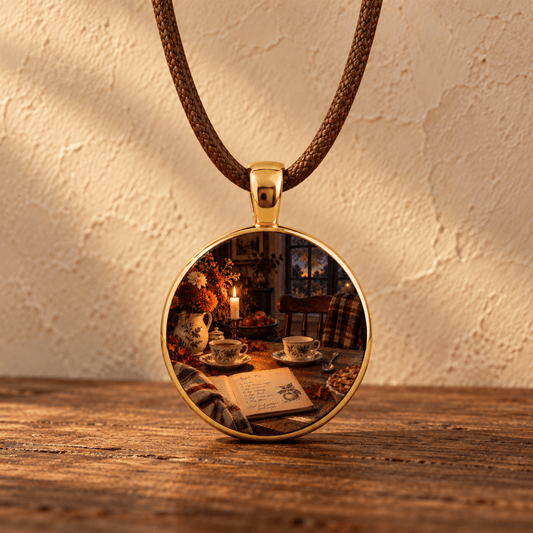 The Extra Place | Story Pendant Necklace by Mirabilia Boutique features a cozy autumn scene—tea cups, flowers, an open book, and candles on rustic wood, all set against a warm textured backdrop.
