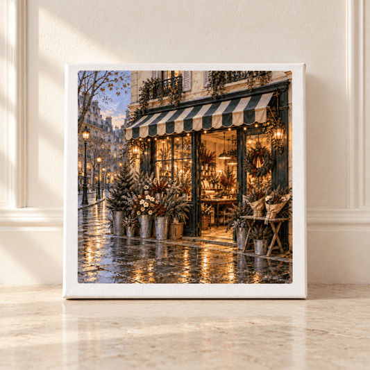 The Florist Before Christmas Canvas | Paris Toujours holiday art print features a Parisian flower shop at night, decorated with festive greenery and warm lights against a rain-slicked city street.