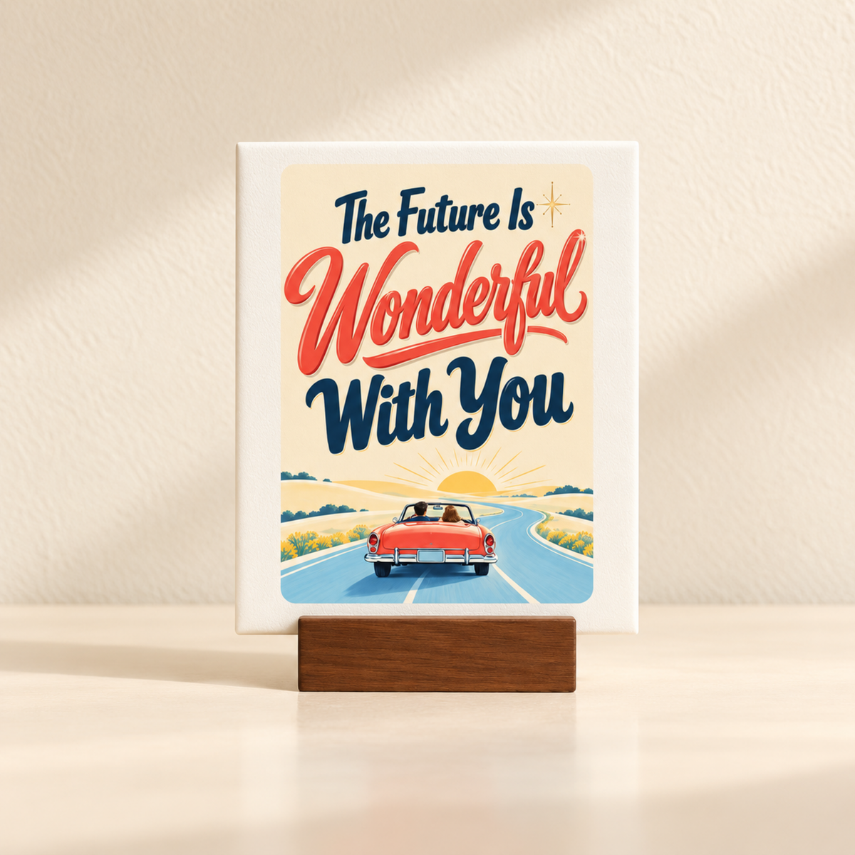 The Future Is Wonderful With You Mini Canvas Sign | Chrome & Starlight featuring a red convertible driving into a sunset on a mini canvas in a wooden stand.