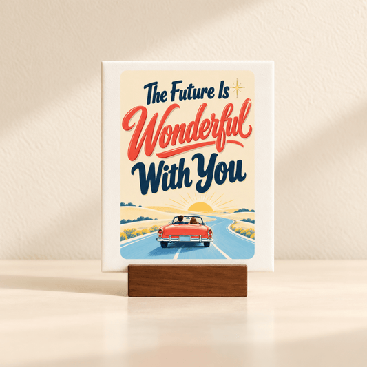 The Future Is Wonderful With You Mini Canvas Sign | Chrome & Starlight featuring a red convertible driving into a sunset on a mini canvas in a wooden stand.