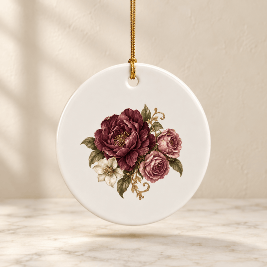 The Garden Remembered Ceramic Ornament by Mirabilia Boutique features a round white ceramic design with a gold string, beautifully adorned with hand-painted burgundy and pink roses, lush green leaves, and delicate gold accents—an elegant piece from the Velvet Ruins collection that makes an ideal gift for flower lovers.