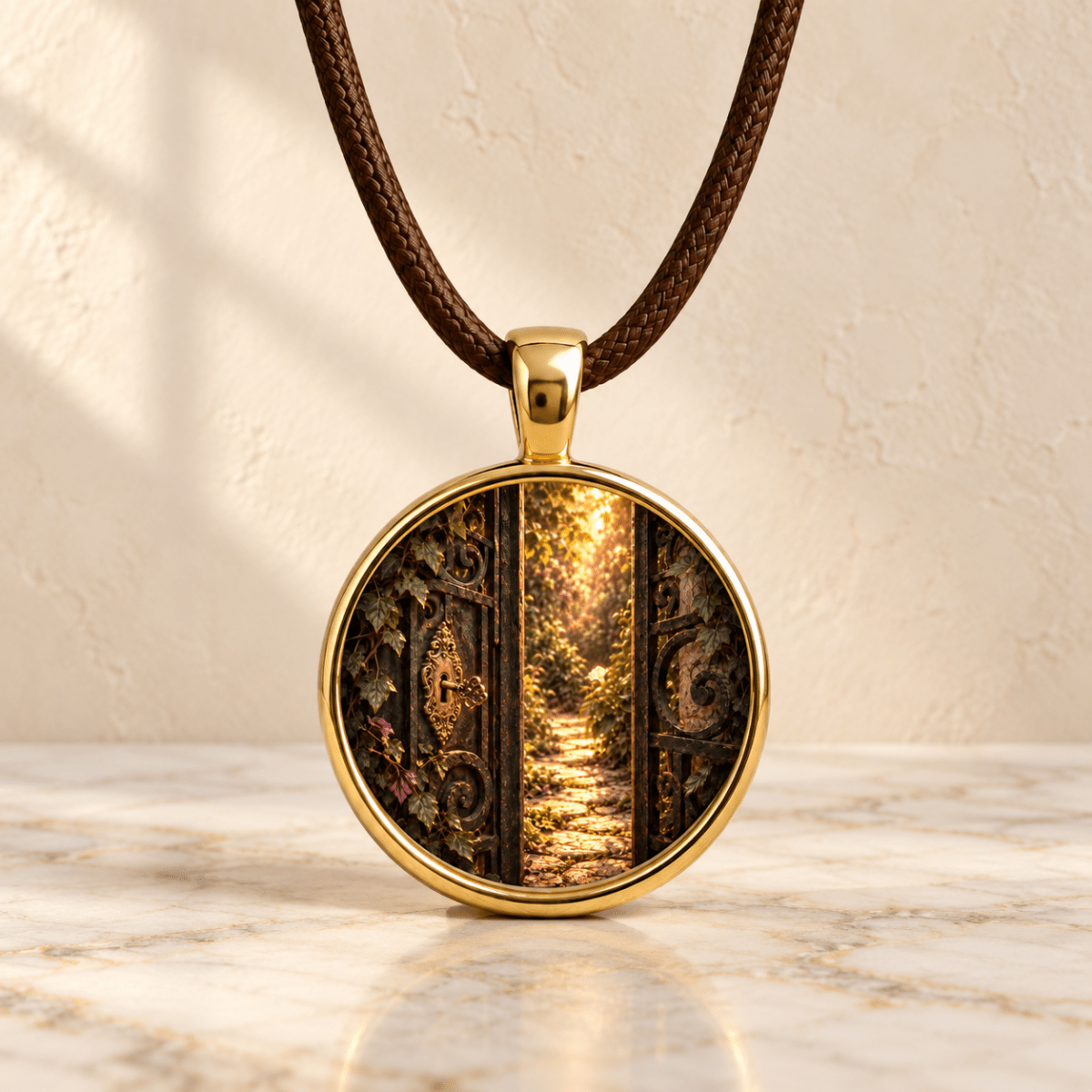 The Gate Unlocked | Story Pendant by Mirabilia Boutique is a gold garden gate necklace on a brown cord, showcasing an intricate gate design that reveals a sunlit garden path amid lush greenery and flowers. This Velvet Ruins collection piece rests elegantly on a marble surface, set against a textured beige wall.
